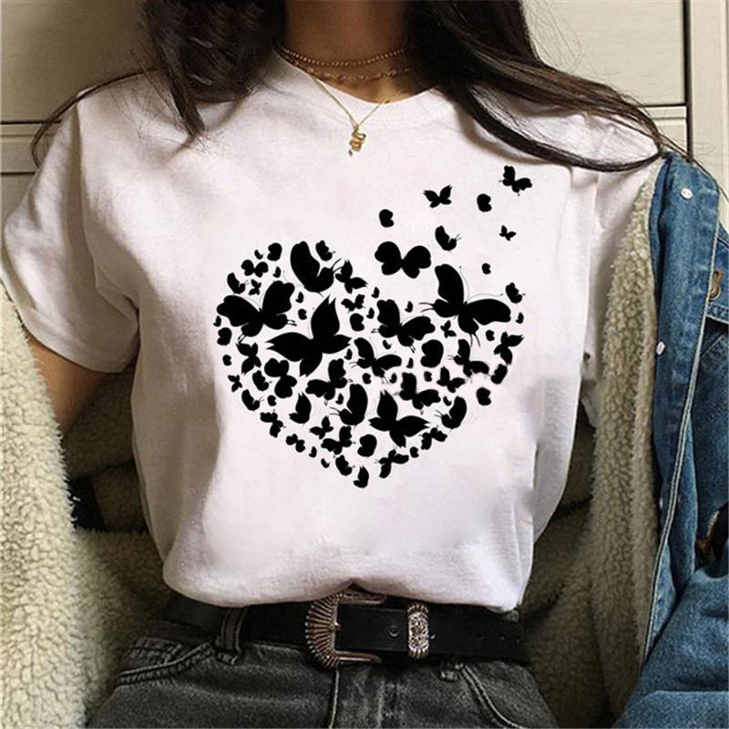 Short Sleeve Summer Fashion Women's Clothing Beautiful Watercolor Butterfly Printing White Ladies Casual Loose Personality TT-shirt
