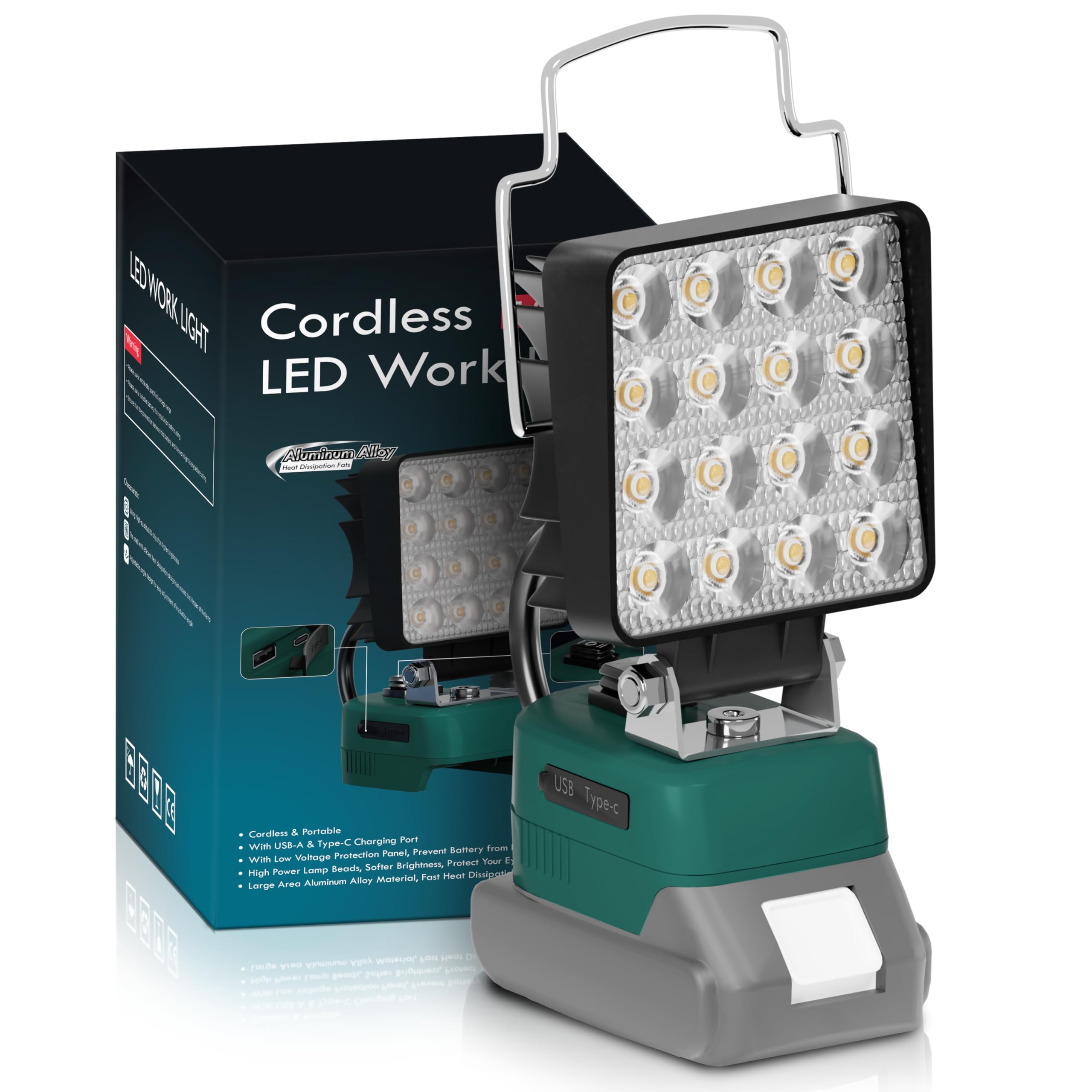 

Совместимый с Makita 18V перезаряжаемый рабочий свет, светодиодный прожектор, беспроводной рабочий свет, с ручкой, зарядка смартфона, зарядка USB, зарядка Type-C,