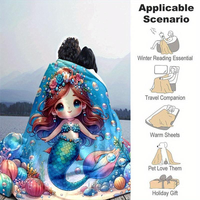 1pc Mermaid Printing Blanket - Soft, All-Season Throw for Office Blanket, | Personalized Gift with Adorable Cartoon Design