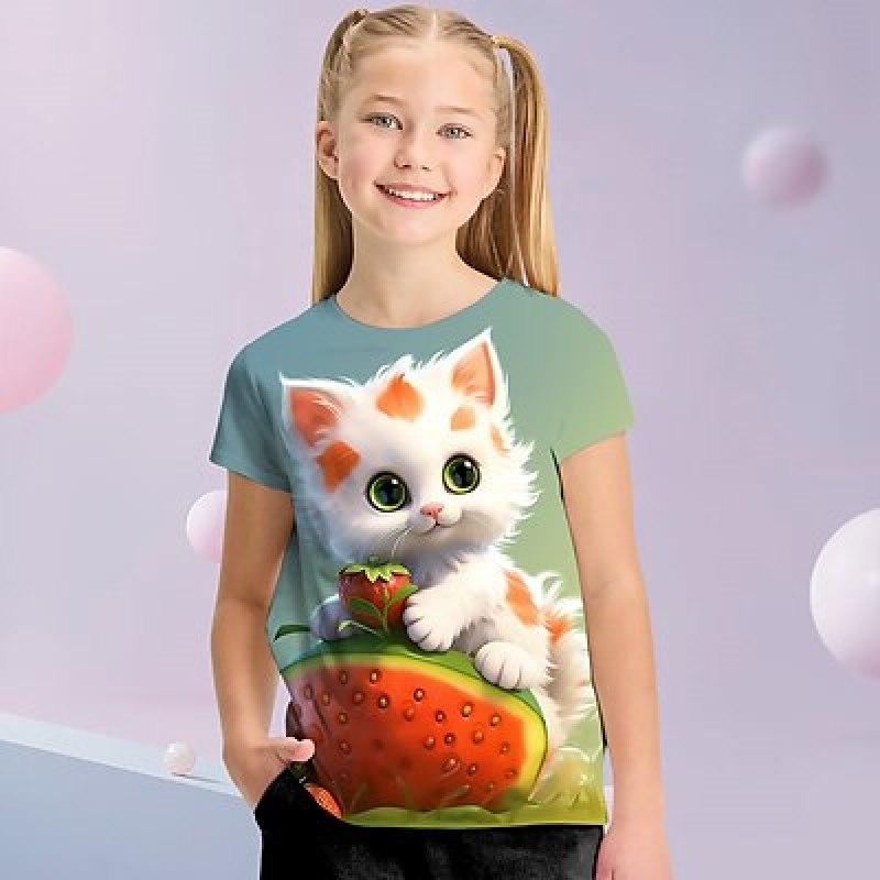 Flickors 3D Grafisk Tecknad Katt T-shirt Kortärmad 3D-tryck Sommar Vår Aktiv Mode Söt Polyester Barn 3-12 År Utomhus