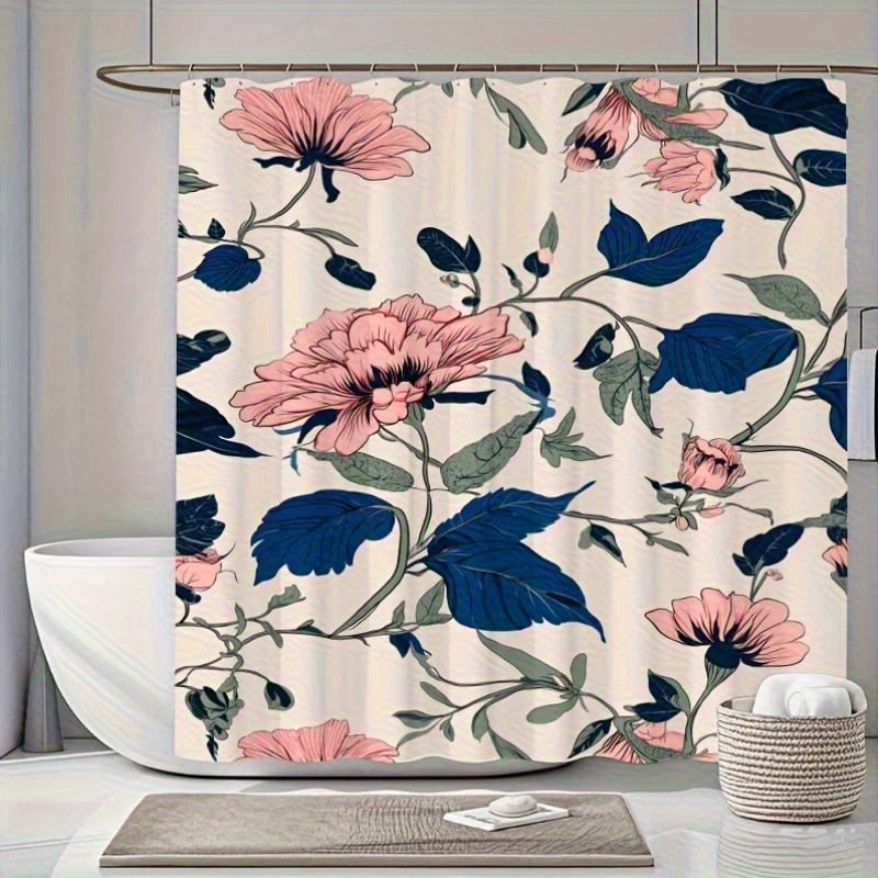 1Pc Romantic Pink And Blue Floral Shower Curtain, Polyester Fabric, Machine Washable, Suitable For Bathroom Decoration