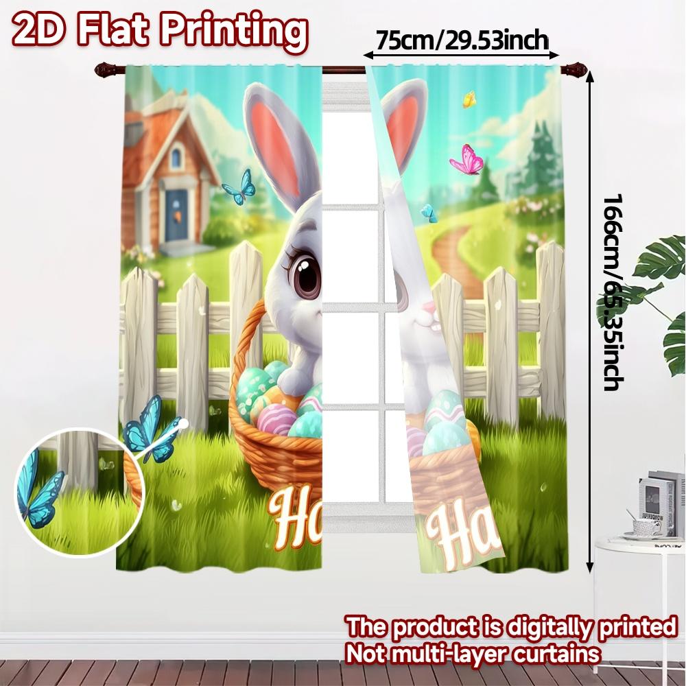 2pcs   2D FLAT PRINTING Curtains (Without Rod) EasterBunnyGarden Light Filtering Modern Curtains Polyester Easy Install Curtains