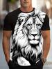Men's Fashionable and Casual Black and White Lion Digital 3D Printed Short-sleeved T-shirt, Comfortable and Versatile.