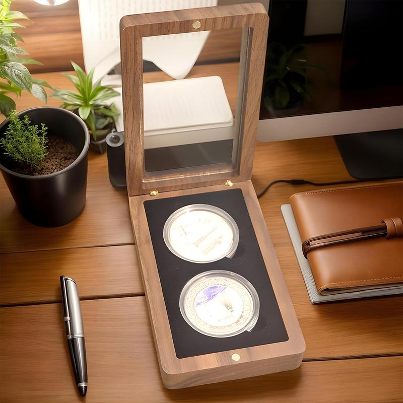 Coin Box Wooden Commemorative Coin Holder Black Walnut Souvenir Emblem Organizer For Displaying Collectible Badge Case