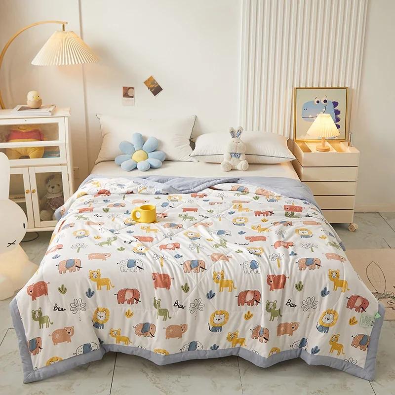 Cute Zoo Animals Print Quilt Bedspreads Children Adults Thin Comforter Summer Quilt Single Double Bed Air-Condition Bed Blanket