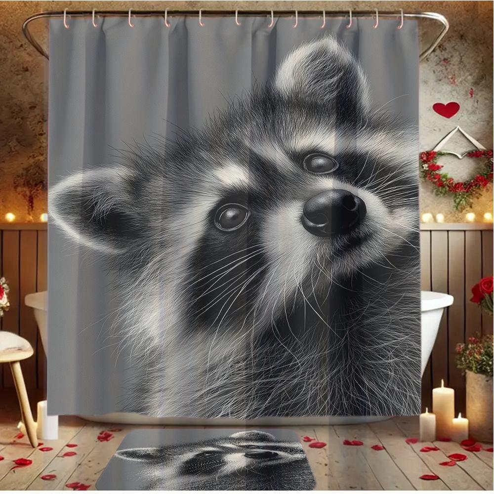 4Pcs Cute Raccoon Print Shower Curtain Set with Non-Slip Bath Mat, Toilet Lid Cover, Contour Rug & 12 Hooks, Bathroom Decor