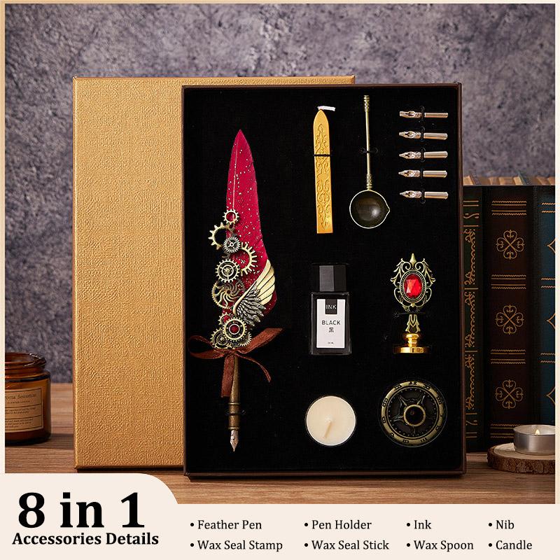 

8pcs Machine Feather Pen Set,Wax Seal Stamp&Stick,Replaceable 5 Nib,Creative Quill Writing Artist Calligraphy Signature Pen 7004 красный