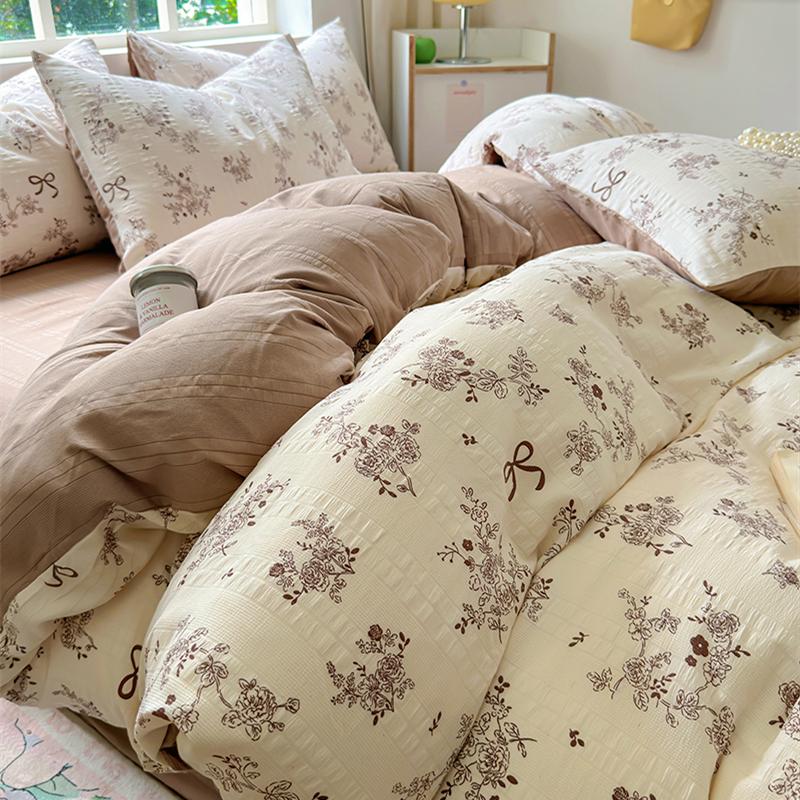 Floral Print French Style Bedding Set Bubble Cotton Duvet Cover Set Washed Cotton Flat Sheet Set Queen For Girl Decor Home