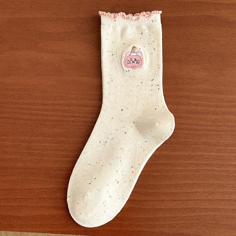 Socks Pure Cotton Stacking Socks Season Idea Yarn Cute Cartoon Embroidered Fungus Edge Cotton Medium Tube Socks