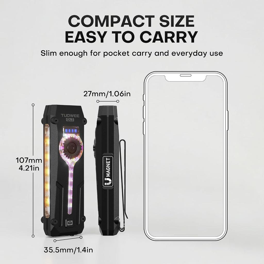 UV Flat EDC Flashlight Rechargeable 1800 High Lumens Pocket Light with RGB,Magnetic Base Small Flashlights with Dual Switch,Stepless Dimming,USB-C