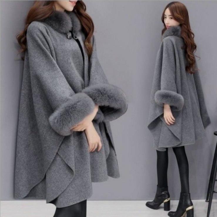 Women's Hepburn Style Wool Coat with Large Rabbit Fur Collar - Autumn/Winter Mid-Length Cape Shawl, Plus Size Available.