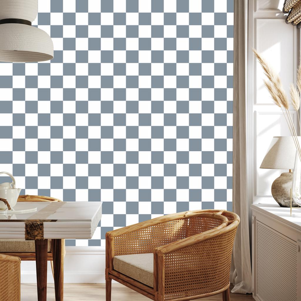 Checkerboard wallpaper white, blue and light gray 50x1000