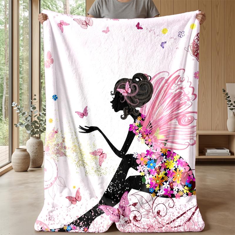 Fairy with Butterflies and Teddy Bears Theme Blanket Lightweight Warm Flannel Blanket Decorative Throw Blanket for Home Decoration