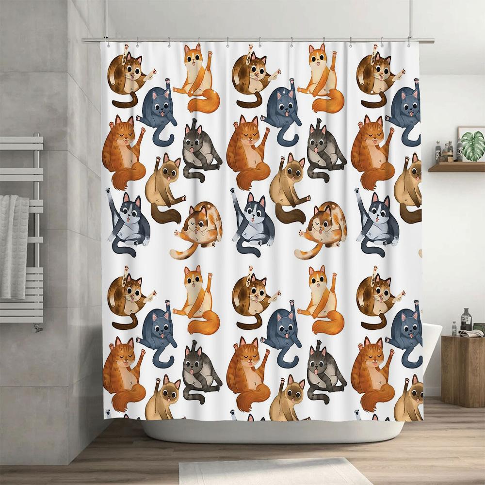 Cat Shower Curtain Cute Kitten Pattern Bathroom Decor Washable Waterproof Fabric Home Decor Vintage Animal Lover Gift Idea Wall