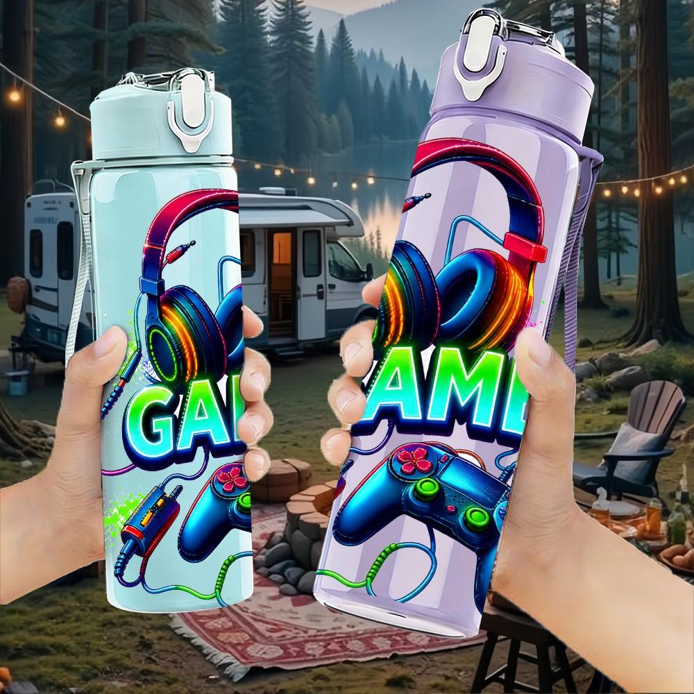 1PC Gamer Headphone Graphic 750ml Color Plastic Sports Water Bottle Leakproof Flip Straw Lid Suitable for Sports Office Home Use
