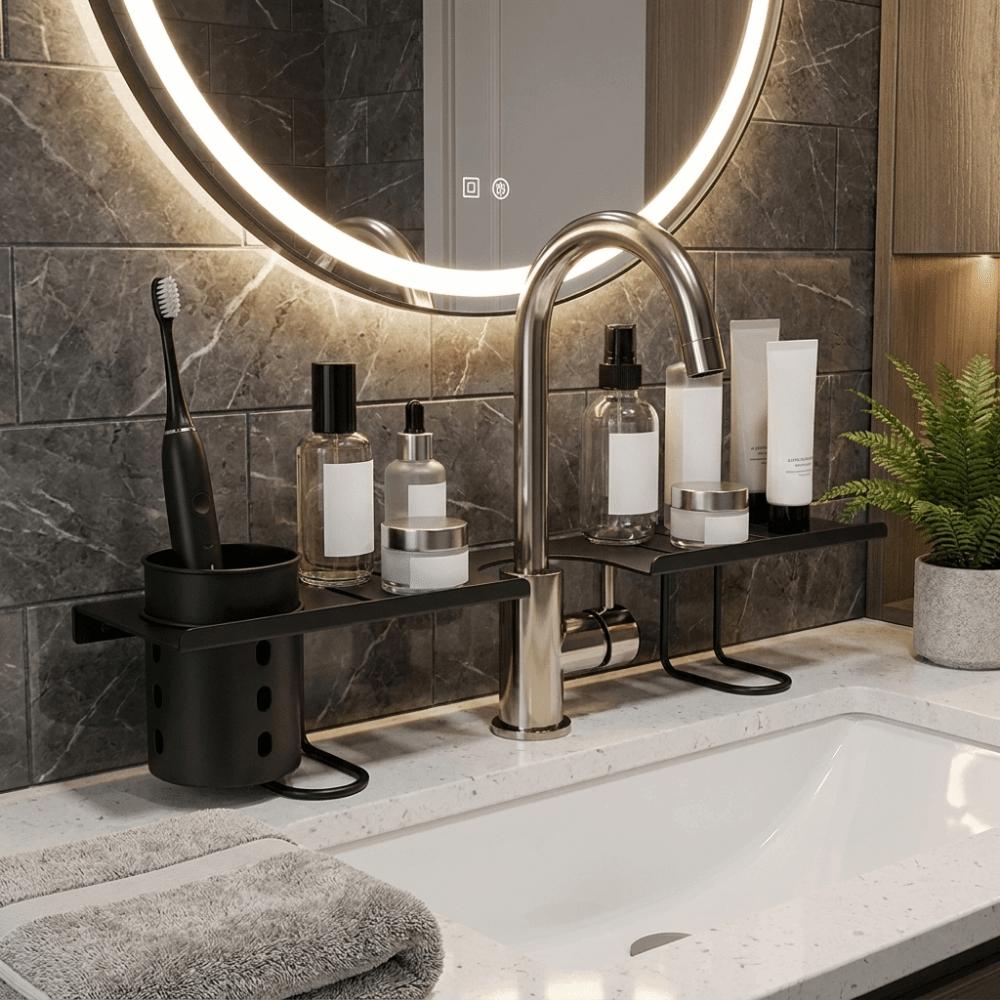 Carbon Steel Faucet Storage Shelf Hollow Out Kitchen Sink Shelf Bathroom Storage Rack for Kitchen