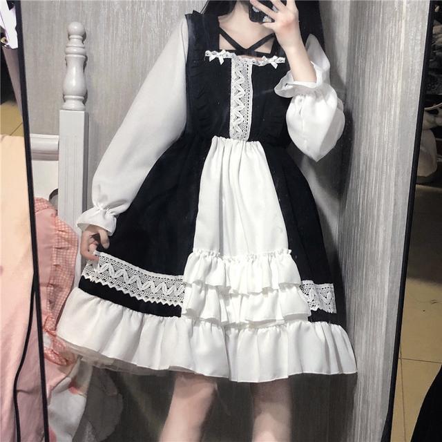 Alice In Wondeland Cute Women Lolita OP Dress Flouncing Lace Trim Japanese Harajuku Long Sleeves Doll Teen Dress Fairy Vestidos