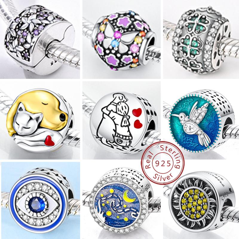 925 Silver Clip Charms with CZ Pave Round Beads Safety Chain Charm for Jewelry Making Fit Original Bracelet