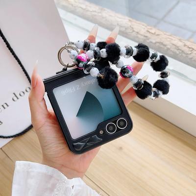 Niedliche Bommeln Glitzerperlen PU Leder Handschlaufe Handyhülle für Samsung Galaxy Z Flip 6 5 4 3 Scharnierschutz Stoßfeste Hülle
