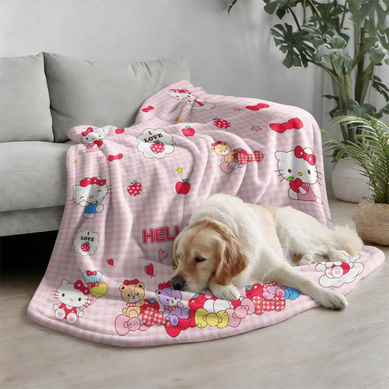Sanrio Hello Kitty Plush Flannel Blanket Lightweight Throw Pink Gingham Apple Blanket Bed Sofa Cover School Office Nap Shawl