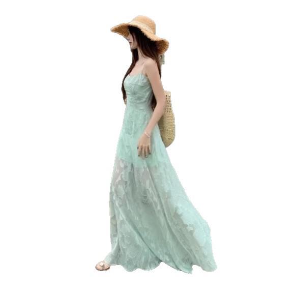 French Strappy Summer Dress – Women's Waist-Cinching, Sweet and Fresh Beach Vacation Wear