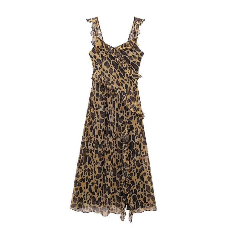 

European American Women s Clothing Retro Leopard Print Slim Ruffled Strap Dress L