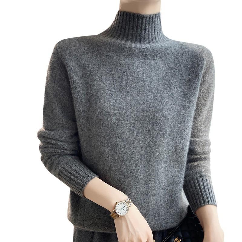 Women's Autumn/Winter Wool Sweater, Half High Neck, Loose Fit, Knit Base Layer, Seven Gauge, Thickened