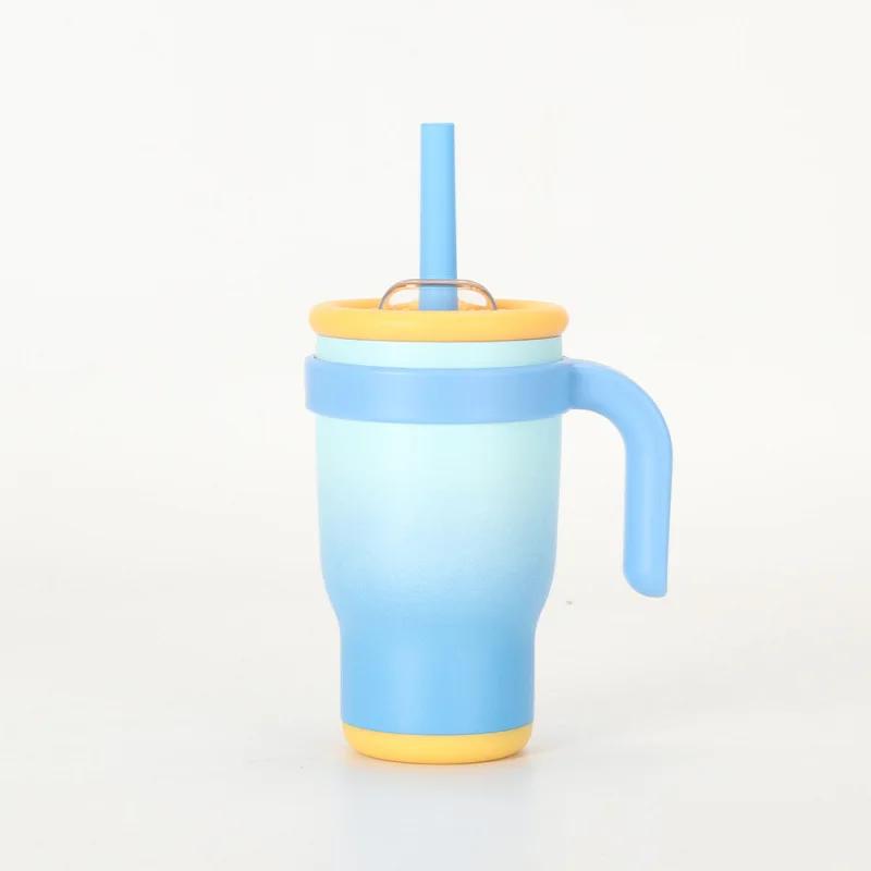 Color Blocking 14Oz Straw Car Cup, Children'S Student Insulated Cup, Stainless Steel Water Cup Handle, The Best Gift For Car Cup