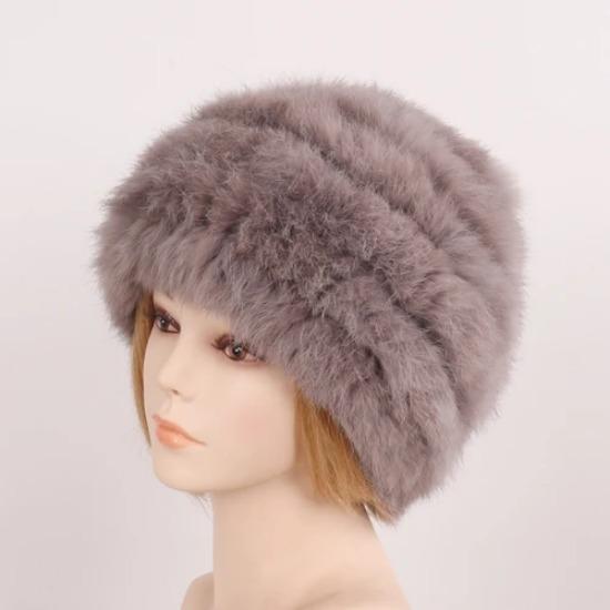 Hot Sale Women Knitted Real Rabbit Fur Hats Ladies Winter Warm Fluffy Genuine Rabbit Fur Caps Outdoor Good Elastic Fur Cap