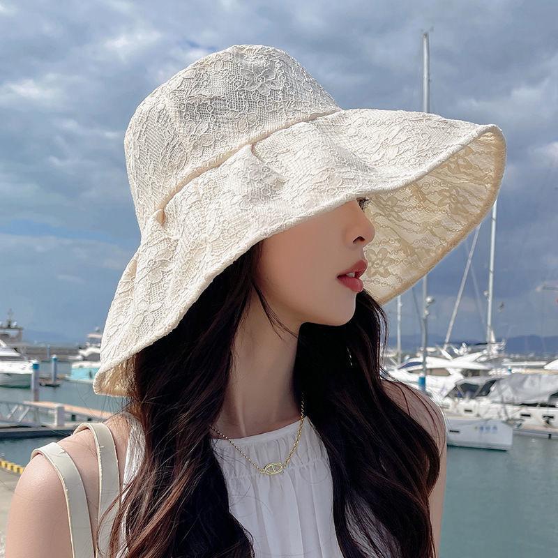 Korean Wide Brim Lace Flower Pearl Fisherman Hat for Women - Spring/Summer UV Protection
