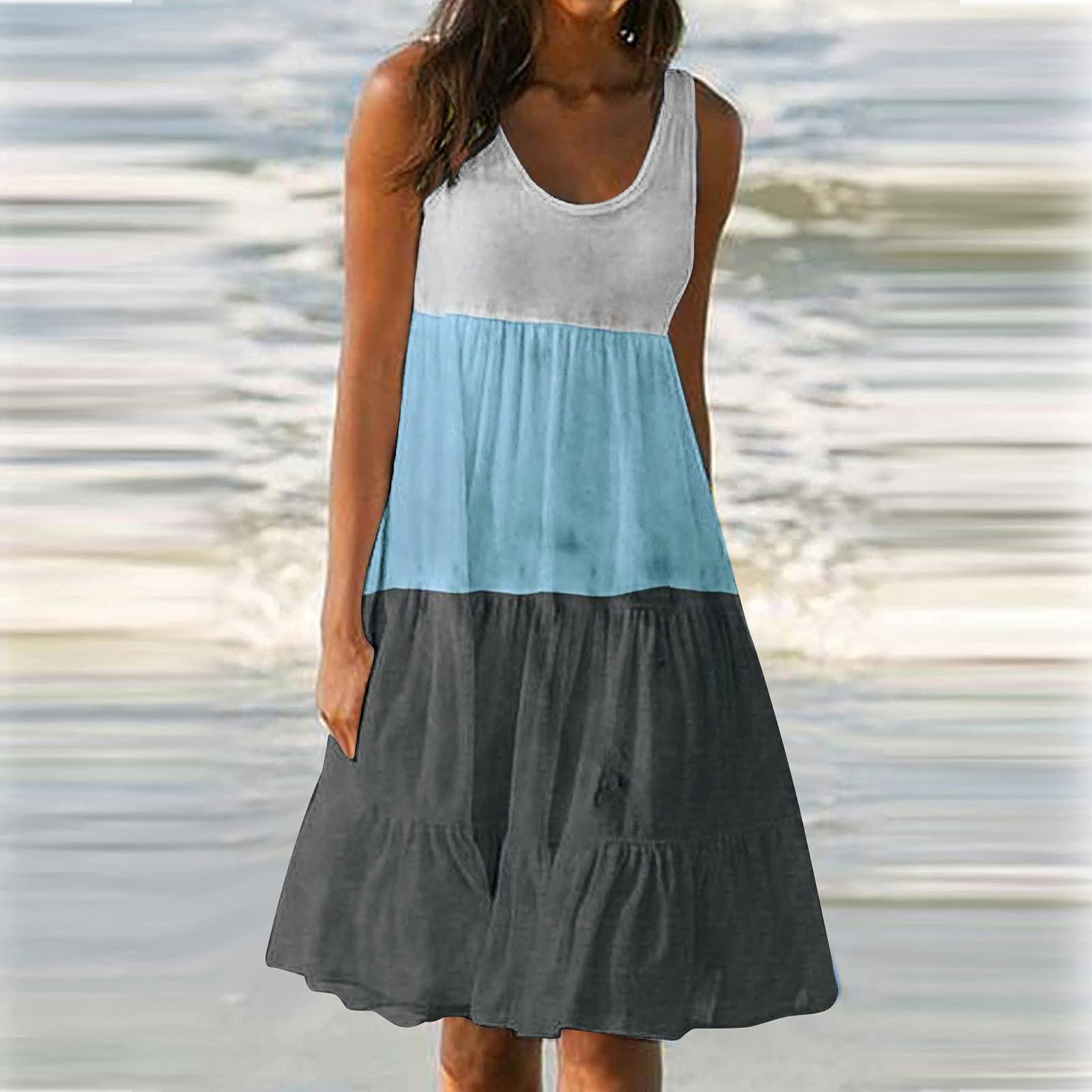 

Women s Summer Sleeveless Ruched Beach Dress O Neck Midi Dress Casual Sundress L синий