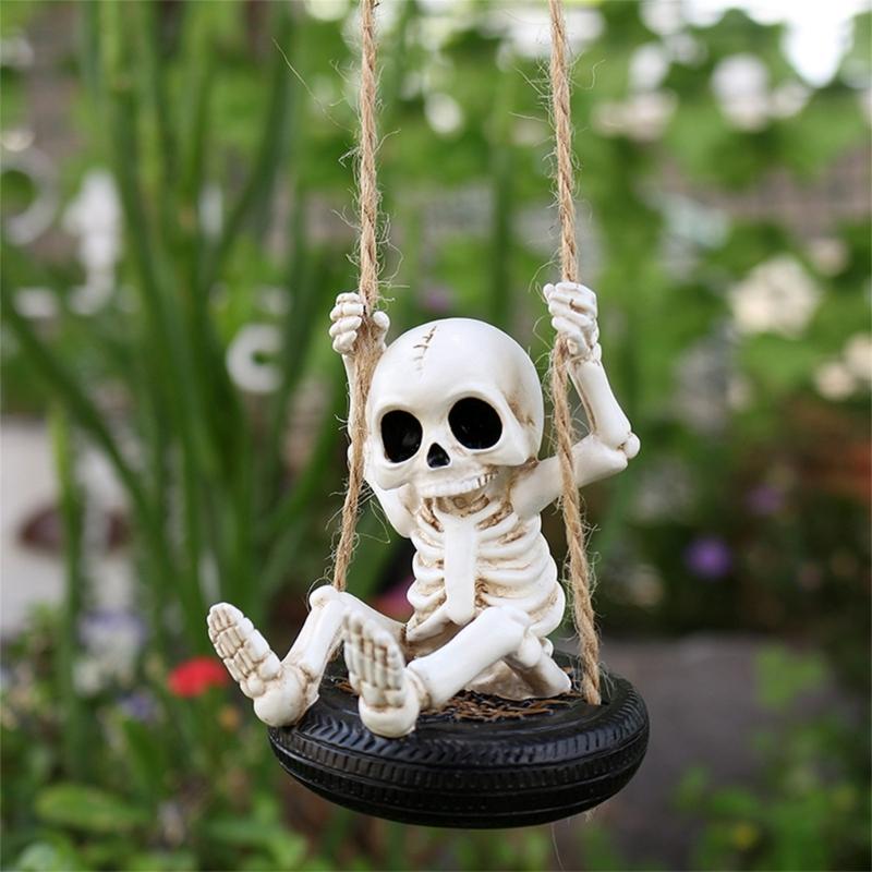 Scary Skeleton a Swing Hanging Statue Garden Decors Tire Swing Skull Sculptures Hanging Ornament for Patios Lawn Yard