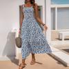 Summer New Printed Maxi Dress, Sleeveless Spaghetti Strap Elastic High Waist Long Sundress, Leisure Casual Dress for Women