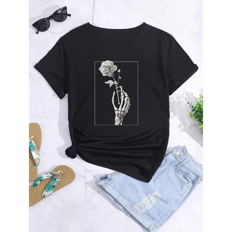 

Womens Hand Flower Print Crew Neck Short Sleeve Casual T Shirt S чёрный
