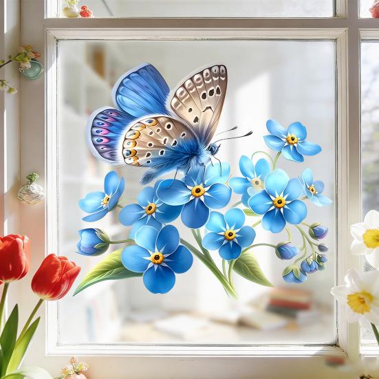 Pegatina de Ventana de Vidrio Flor Nomeolvides Mariposa Azul Flores Adhesivo de Ventana Calcomanía de PVC Estática Extraíble para Baño Cocina Decoración del Hogar