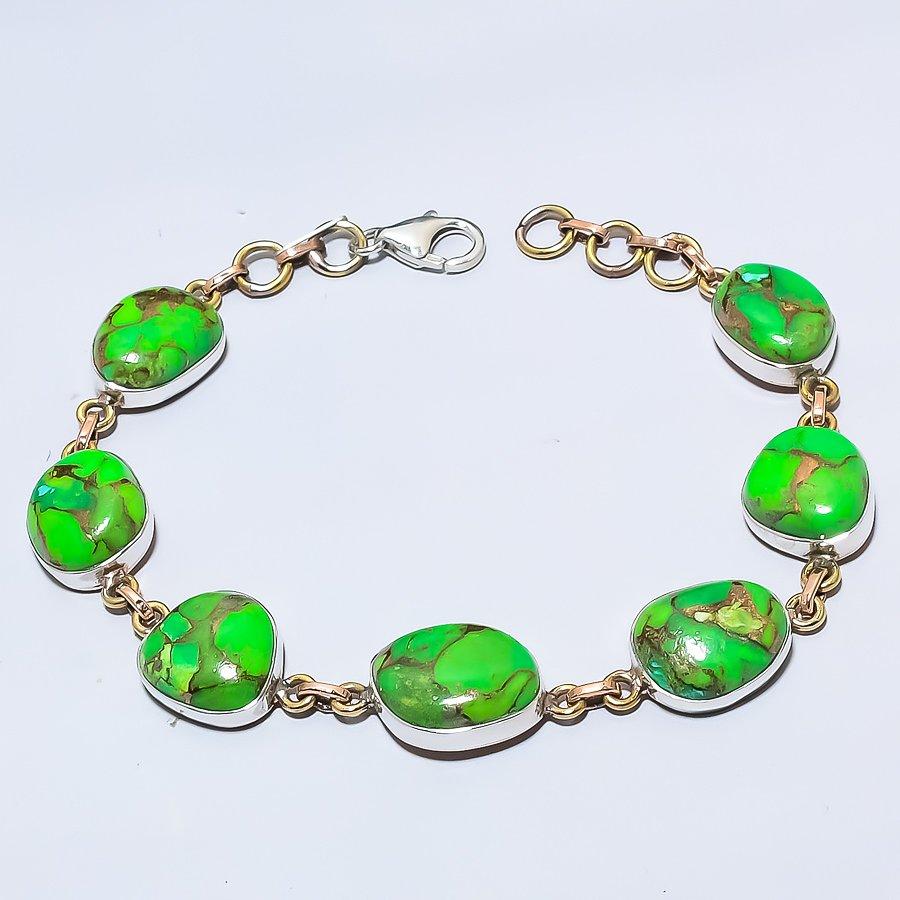 Natural Copper Turquoise Gemstone 925 Sterling Silver TwoTone Bracelet 7-8" M7w02