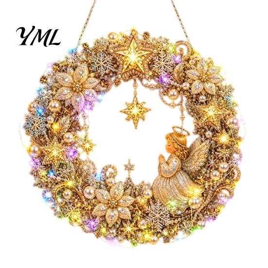 DIY Heimurlaubsdekoration Acryl Weihnachten Kunstperlen Aufhänge-Set, Beleuchteter Kranz 3D Perlen Bastelmalerei Set Kit mit LED-Lichterkette,