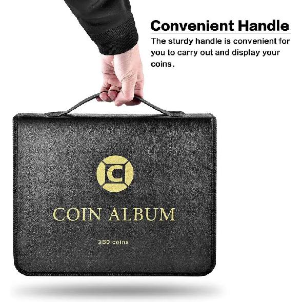 Coin Collection Book Holder for Collectors, 260 Pockets Coins Collecting Album with Zipper and Handle. Coin Display Storage  bag