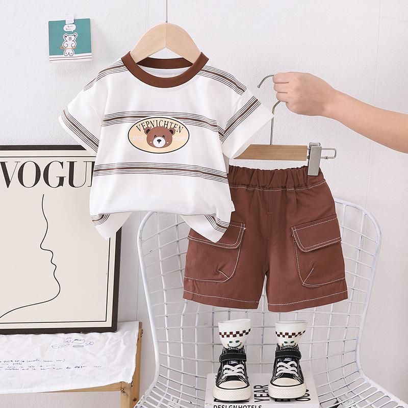 

Детский комплект для мальчиков 0-5 лет Футболка в полоску с короткими рукавами Повседневные шорты Комплект из двух предметов Одежда для мальчиков с мультяшным плюшевым мишкой XXL белый