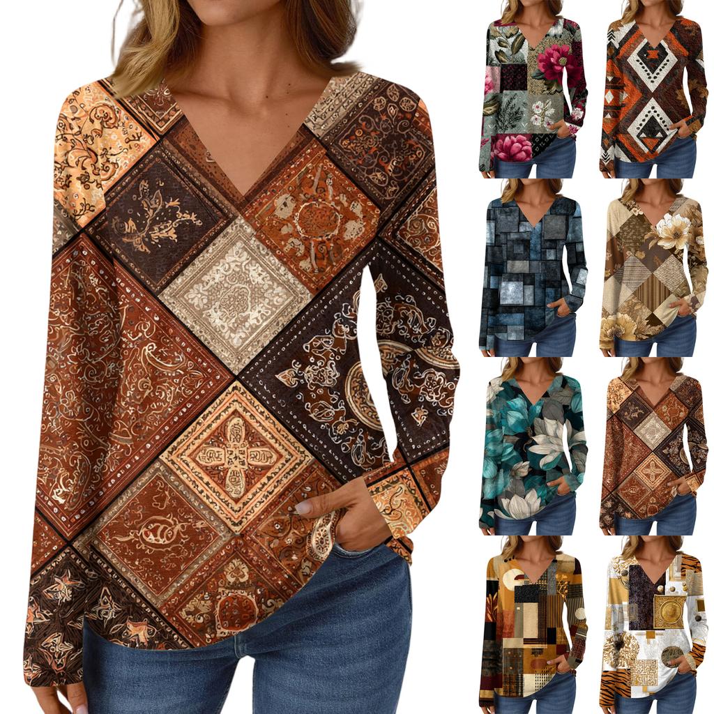 Women's Casual Fashion Brushed Retro Floral Print Long Sleeve V-Neck Top T-Shirt