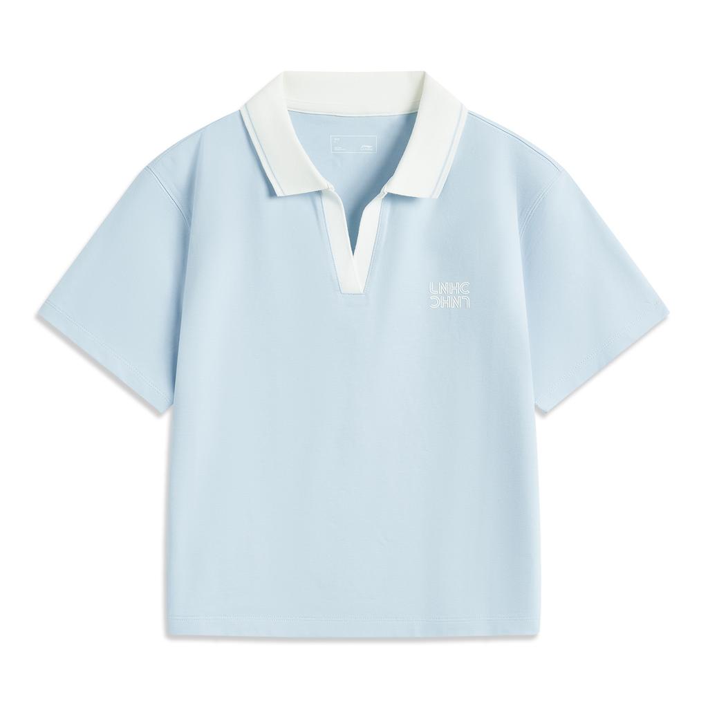 Li Ning Sports Lifestyle Series Casual Comfortable Versatile Letter Print Short Sleeve Polo Shirt Women Polo Shirts Clear-Spring-Blue APLV422-4