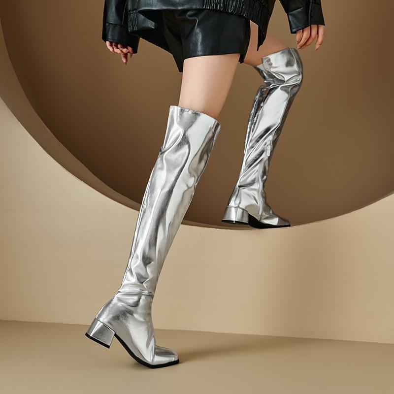 Dámské boty na nízkém podpatku podzimní a zimní nové na silném podpatku ve velkých velikostech zlaté kozačky pod koleno