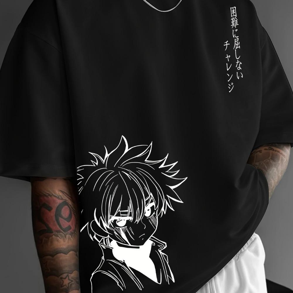 Men's Fashion Casual Loose Japanese Anime Character Pattern Printed Round Neck Short Sleeved T-shirt Top