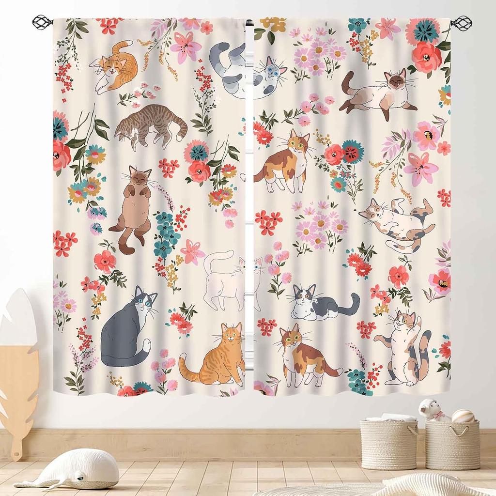 Cat Curta, Cartoon Cute Lovely Kitten Kawaii Cat Pets Funny Animals Gray Blackout Window Drapery Treatments For Living Room