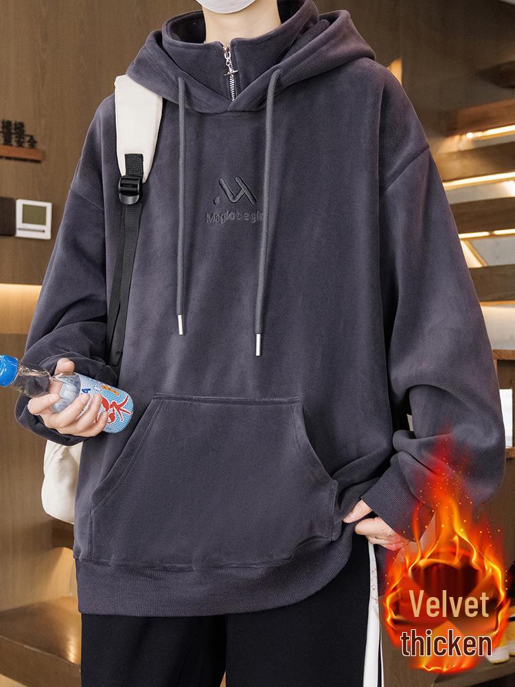 Men's 2025 Style Double-Sided Fleece Hoodie, Thickened Inner Layer, Solid Color, Trendy Winter Outerwear for Teens with Hood
