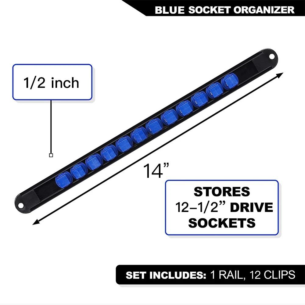 ABS Socket Organizer 360° Swivel 1/4Inch 3/8Inch 1/2Inch Premium Quality Socket Clip Rail Holder Socket Organizer Tools Blue