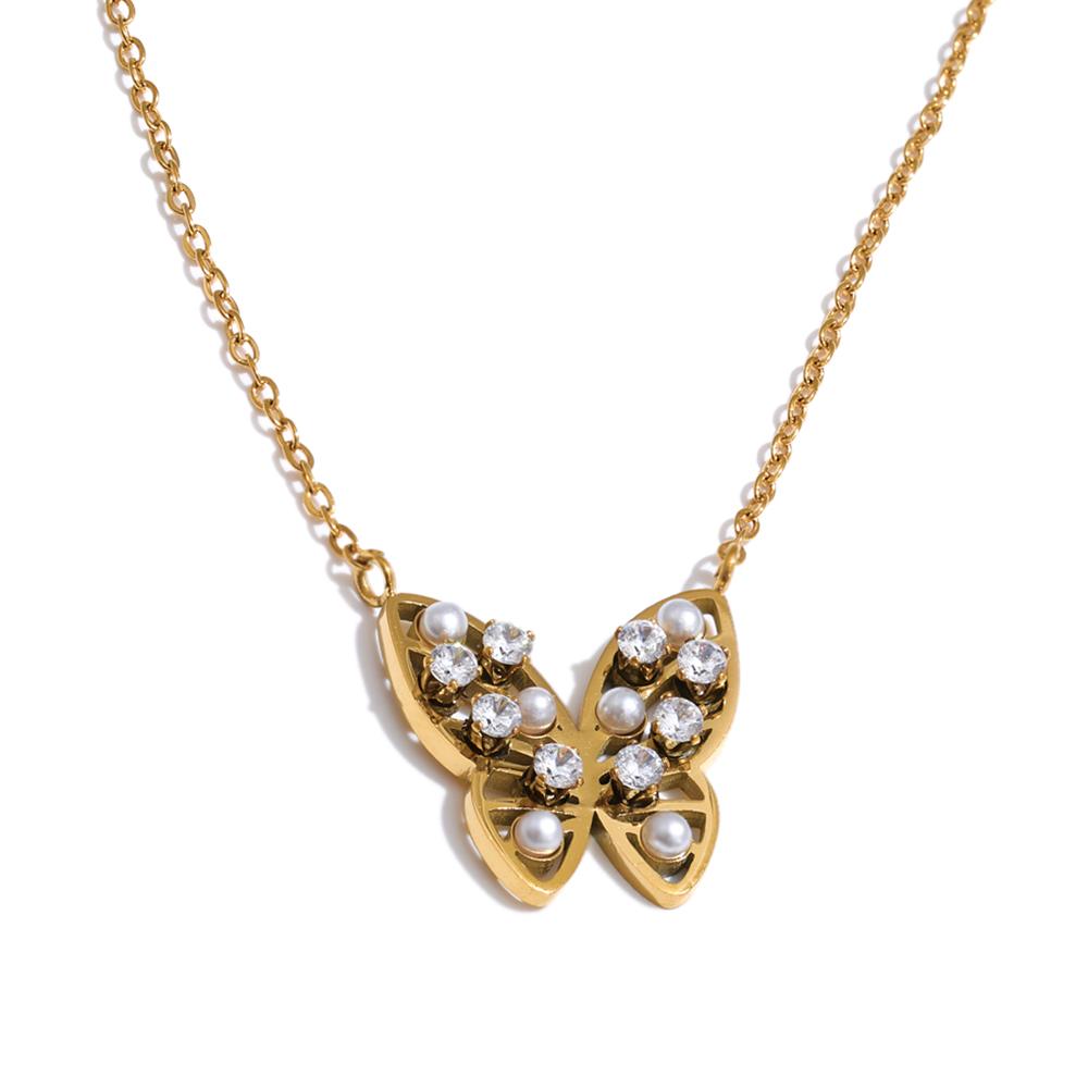 Yhpup Stainless Steel Zircon Pearls Butterfly Pendant Necklace Korean Style Delicate Chic Stylish Charm Jewelry