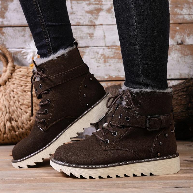 Lace-up Short Cotton Boots Retro New Round Toe Fur Fleece Thickened Belt Buckle Soft Ski Floor Boots