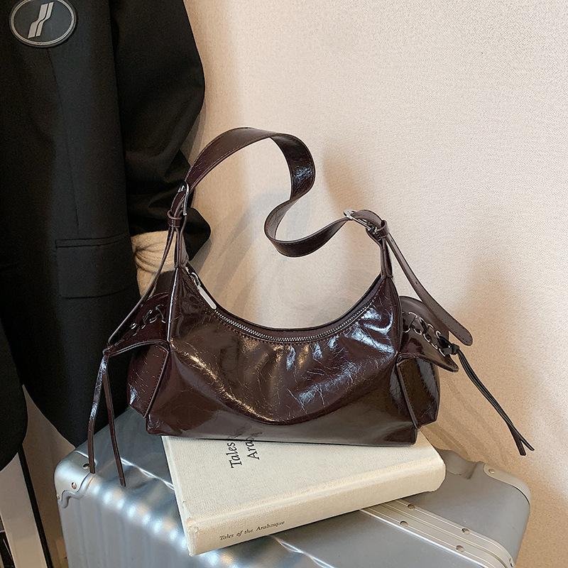 Spice Girl Bow Double Pocket Underarm Bag Glossy Oil Wax Leather Trend Locomotive Bag Shoulder Bag