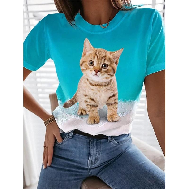 Sommer Rundhals 3D Katzenprint Top Modische Lässige Kurzarm Damen T-Shirts